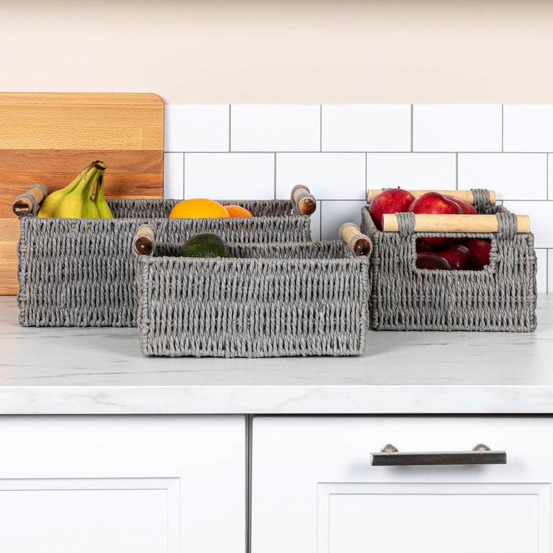 Household Essentials Decorative Woven Baskets Set of 3, Paper Rope with Wood Handles and Metal Frame, Small, Medium and Large, Brown