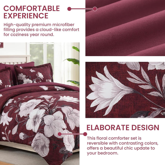 Floral Comforter Set Queen Size, 7 Pieces Burgundy Bed in a Bag, Elegant Floral Butterfly Comforter and Sheet Set, Soft Microfiber Bedding Set for All Seasons(Burgundy,90"x90")