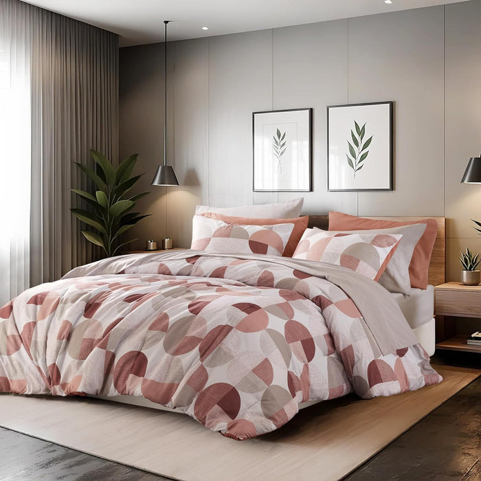 Stylish Three-Tone Printed Full Size Comforter Set, Bed in a Bag 9-Piece Bedding Set, Ultra-Soft Microfiber Comforter and Sheets Set, Warm and Cozy for All Seasons, Navy Blue & Grey