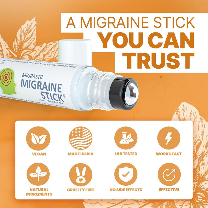 Migrastil Migraine Stick Rollon - Fast Cooling Comfort for Your Head. Aromatherapy with Peppermint & Other Essential Oils. Metal Roller. Made in USA by Basic Vigor