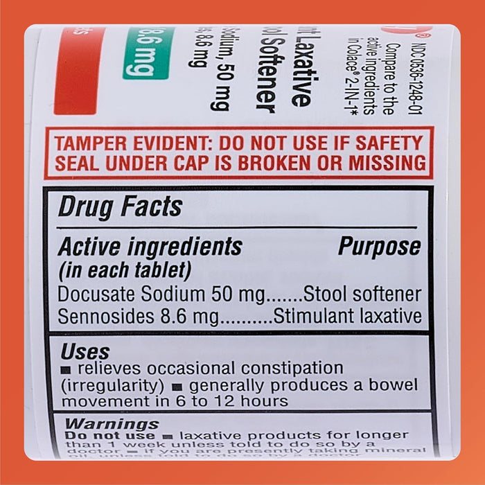 Rugby Stimulant Laxative Plus Stool Softener Docusate Sodium 50 mg/Sennosides 8.6 mg - Laxative Tablets for Constipation Relief - Stool Softeners for Women, Men, and Kids - 100 Tablets
