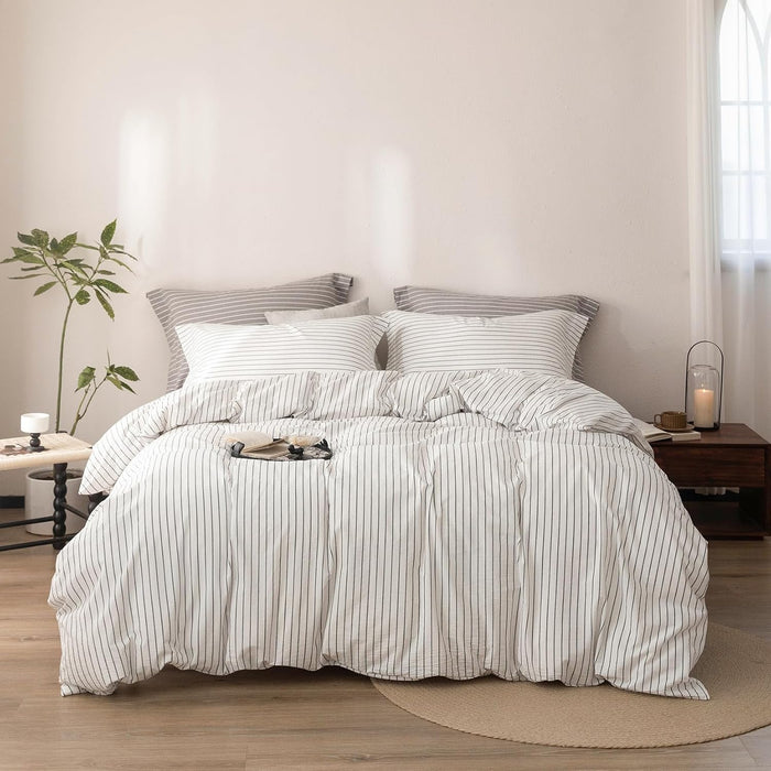 Stripe Duvet Cover Super King Plus Size 120inch x 120inch, 100% Washed Cotton Linen Feel Duvet Cover with Zipper Closure and 2 Pillowcases, Color of White-Dark Grey Stripe