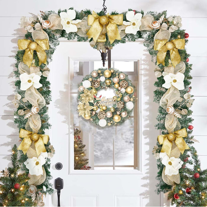Christmas Garland with Lights, 5.9 FT Luxury Christmas Garland for Mantle, Christmas Flocked Garland with Gold Bows Ribbons Magnolia for Front Door Fireplace Table Home Decor