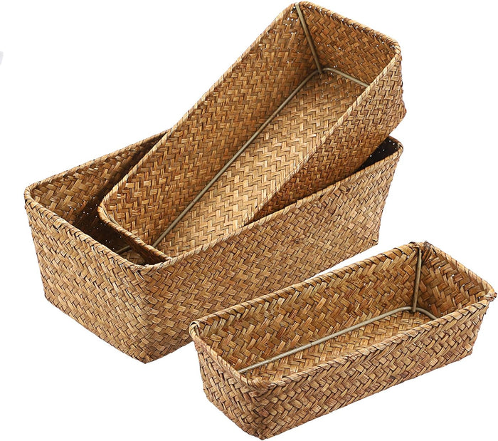 3 Natural Wicker Basket Set Rectangular Handwoven Seagrass Basket Storage Bins Home Organizer Bins - Household Basket Box for Shelf Wardrobe Desktop Home Decor (Coffee)
