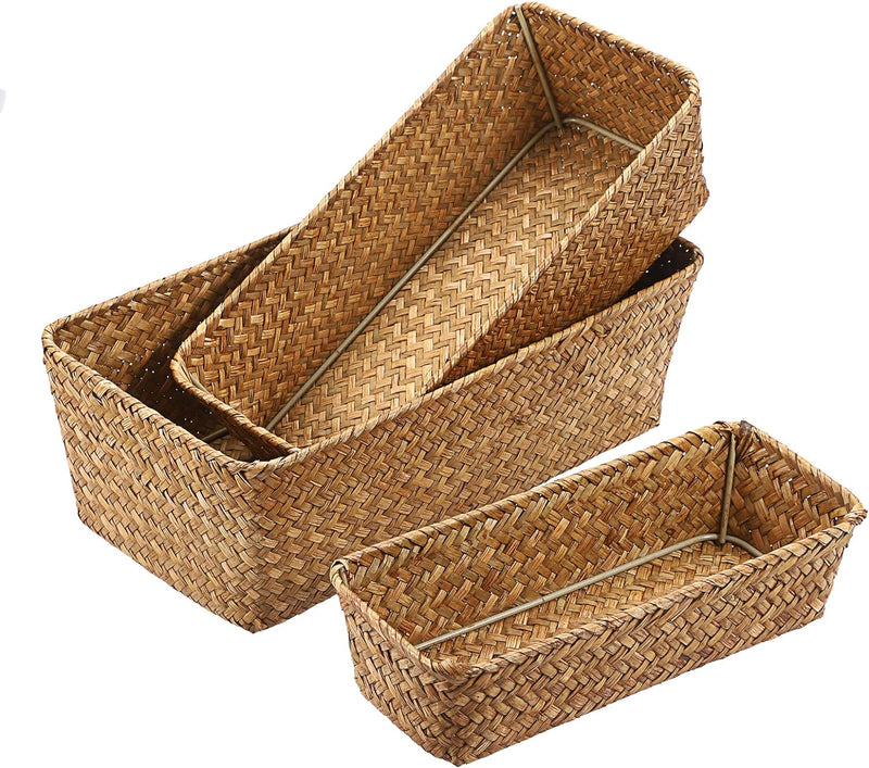 3 Natural Wicker Basket Set Rectangular Handwoven Seagrass Basket Storage Bins Home Organizer Bins - Household Basket Box for Shelf Wardrobe Desktop Home Decor (Coffee)
