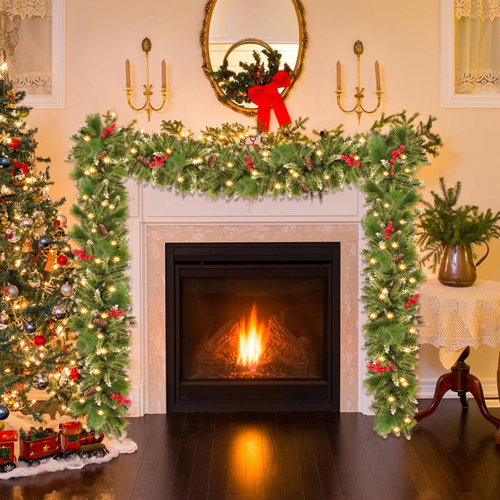Christmas Garland with Lights, 50 LEDs 9FT Prelit Garland Battery Operated Outdoor Indoor Christmas Decorations Lighted Garland for Stairs Railing Fireplace Mantle Front Door Home Holiday Decor