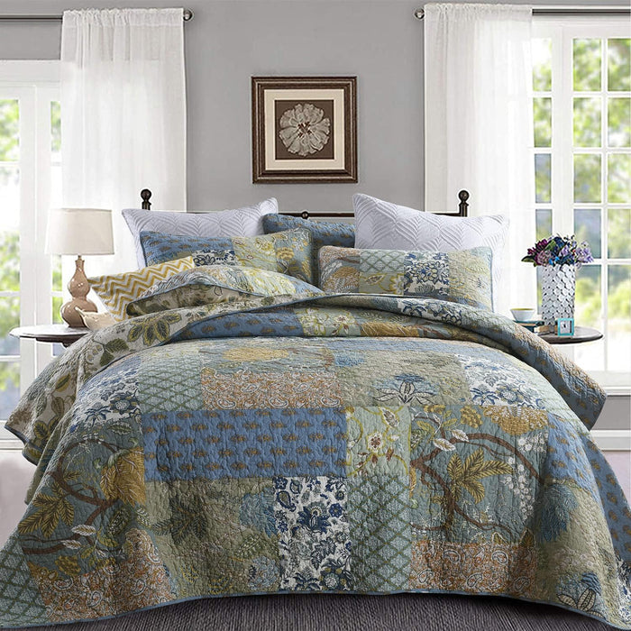 Yvooxny Quilt Set King Size Reversible Country Farmhouse Floral Real Patchwork Quilted Bedspread 3-Piece Quilt Set with Pillowcases with Ruffles for All Seasons, 96 x 108 Inches