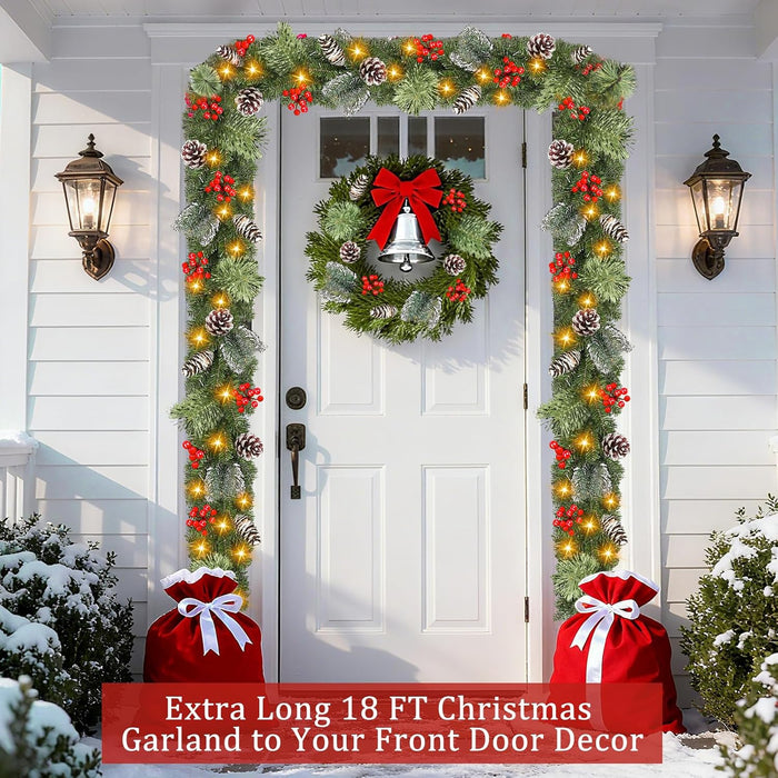 Super Long & Timer 8 Modes - 18 Ft by 10 Inch Prelit Outdoor Christmas Garland for Stair Porch Front Door Mantle, Battery Operated 100 Warm Lights Thick 460 Branch 15 Pinecone 165 Berry Cedar Garland