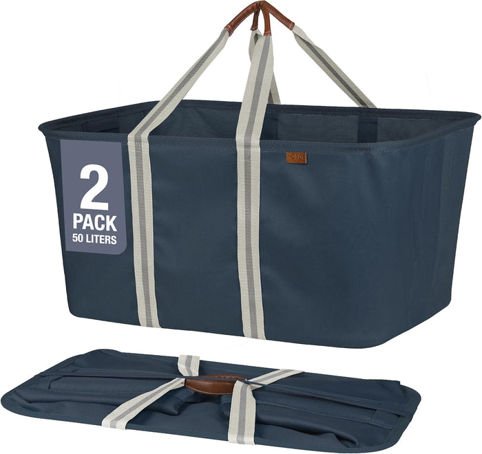 CleverMade Collapsible Laundry Tote - LUXE Mocha 2-Pack 50L - Foldable Storage Organization Container for Clothes Laundry Room Storage Solution