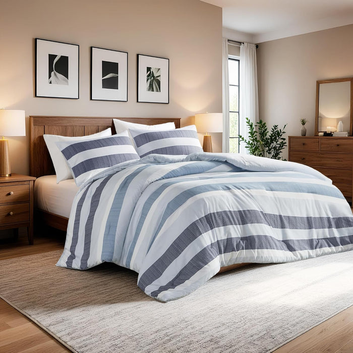 Queen Comforter Set, 3 Pieces Striped Bed Set, Soft Brushed Microfiber Reversible Bedding Set for All Season, Lightweight & Breathable Bedding Set with Comforter & Shams, Neutral