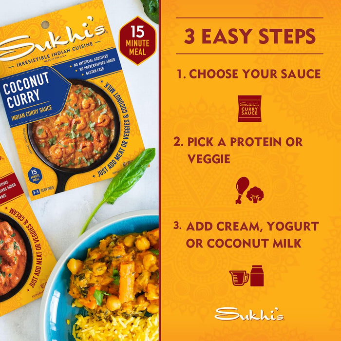 Sukhi's Indian Curry Sauce - Coconut Curry Sauce 3oz (Pack of 6) 84 Servings - Gluten Free Indian Sauce Indian Simmer Sauce