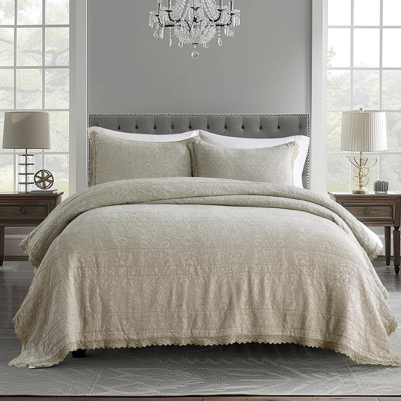 HORIMOTE HOME 100% Cotton Quilt Set Queen Size, Charcoal Pre-Washed Bedspreads Coverlet Set in Geometric Pattern, Cozy Lightweight Stitching Decorative Bedding Cover with 2 Shams for All Season