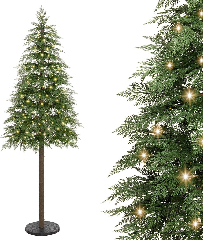 Decoway 7FT Artificial Christmas Tree with 350 Warm White Led Lights, Pre-Lit Xmas Tree with Realistic Bark for Indoor Outdoor Holiday Decor