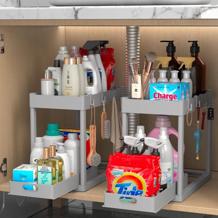 2PC Under Sink Organizer Rack 2 Tier Under Sliding Cabinet Basket Organizer Drawer with 4 Hooks, Multi-purpose Under Sink Storage for Bathroom Kitchen Desktop（Black）