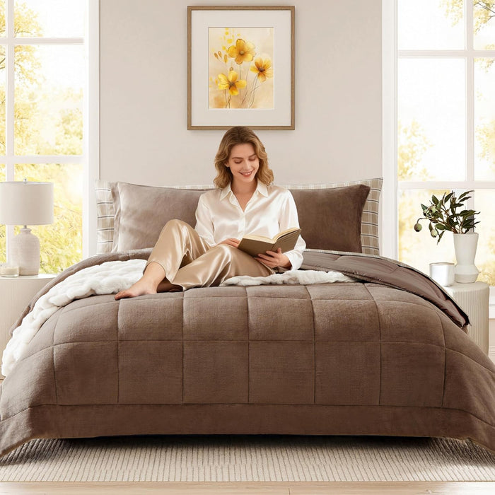 Plush Queen Comforter Set Brown, Flannel Velvet Comforter Sets 7 Pieces Bed in a Bag, Soft Warm Winter Bedding Set with Sheets, Pillowcases & Shams