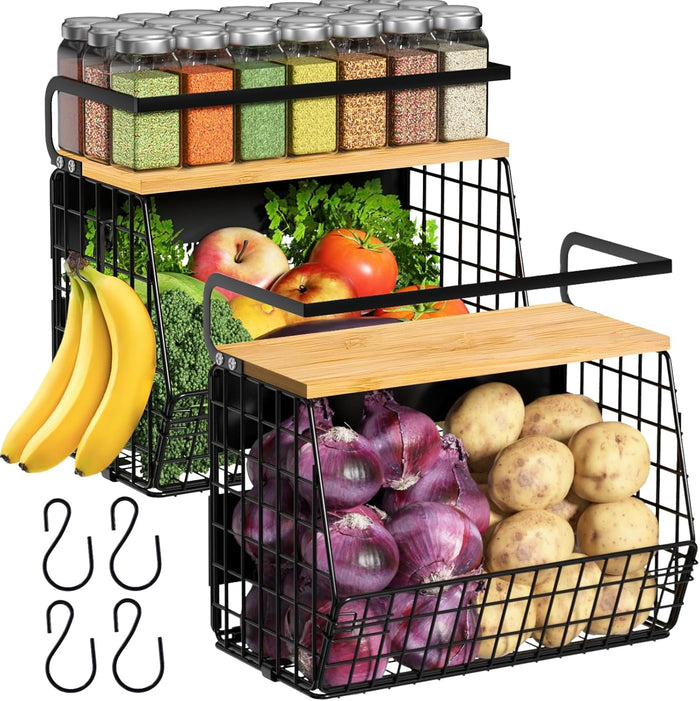 Magnetic Shelf for Fridge with Wood Lid, Fruit Potato and Onion Storage Bins, Pantry Organizers & Storage, Large Container Magnetic Spice Rack for Refrigerator, Kitchen Counter, Cabinet