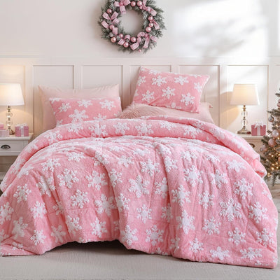 JANZAA Christmas Bedding Full Size Comforter Sets Velvet Pink Comforter Set with White Snowflake Stereoscopic 3 Pieces Full Size Bedding Sets Soft and Fluffy