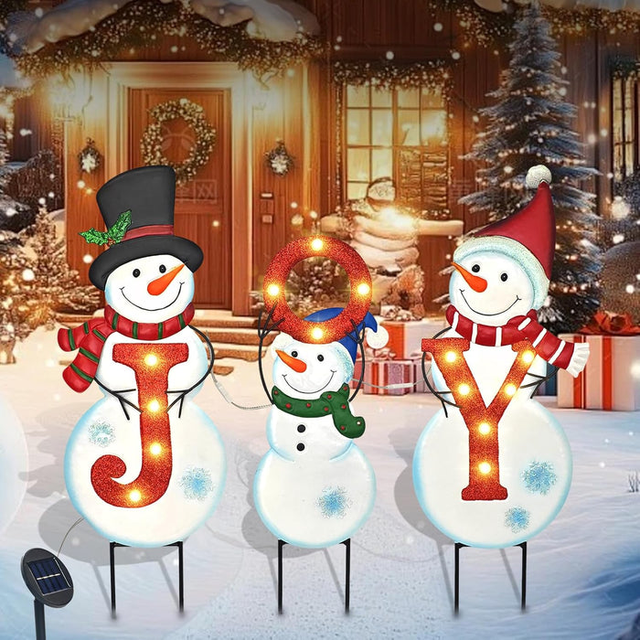 Christmas Outdoor Yard Signs Decorations, LED Solar Metal Garden Stake Lights with Joy for Patio Lawn Christmas Decor (Snowman)