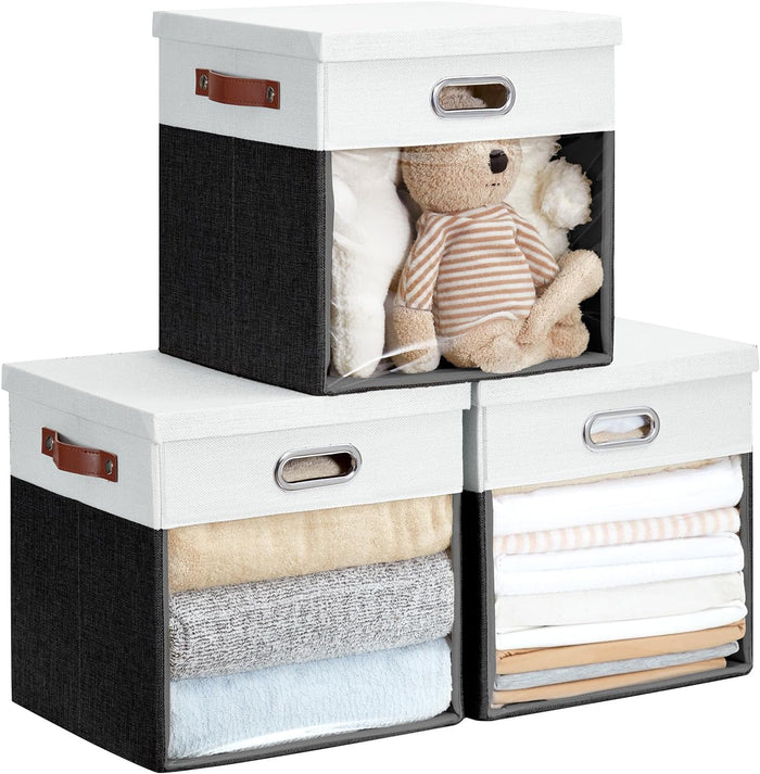 Fabric Storage Cubes with Clear Windows and Lids, 11'' Foldable Storage Bins with 3 Handles, Decorative Storage Boxes for Home, Bedroom, Closet, Office (Gray & White)