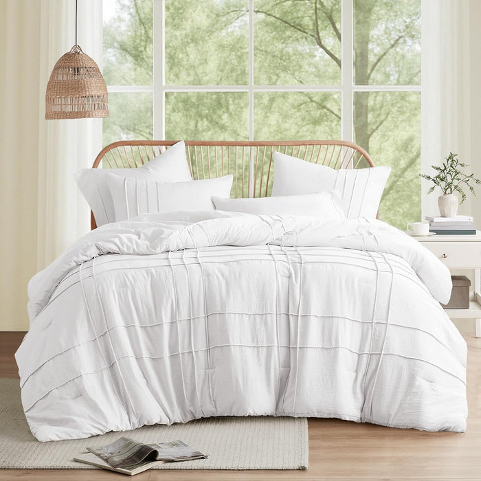Comfort Spaces Cream Queen Size Comforter Set - 3 Pieces Pintuck Pleated Bedding Sets, All Season Lightweight, Extra Softness Pre-Washed Microfiber Queen Bed Set, Shams