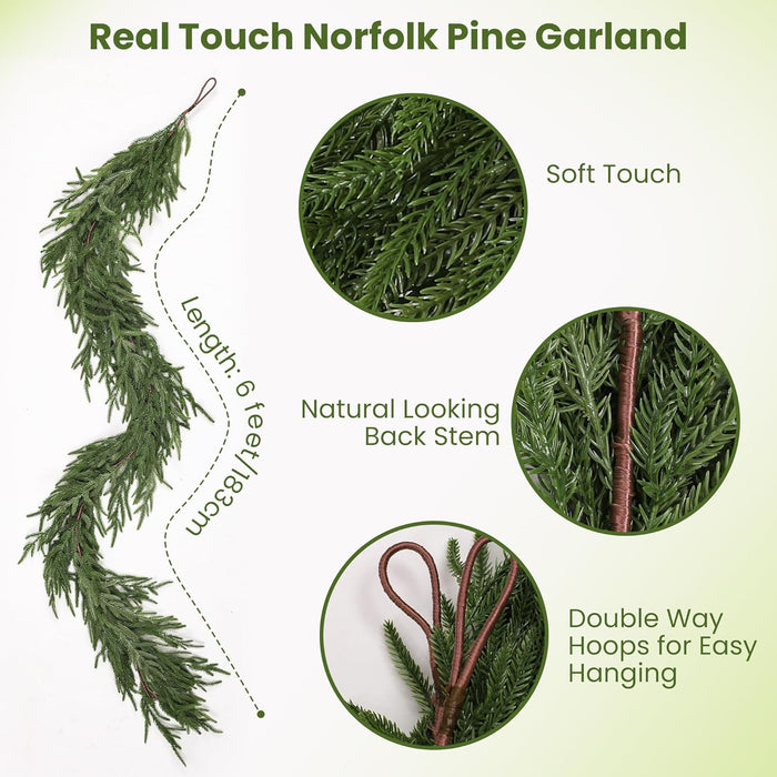 Deluxe Christmas Garland – Real Touch Norfolk Pine Garland for Mantel, Staircase, Arches, and Holiday Decor, Artificial Greenery (Norfolk Pine Garland, 6Feet)
