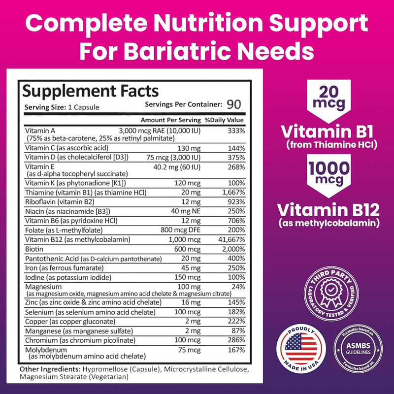 ProCare Health Bariatric Multivitamin 45mg Iron – Once Daily Capsule for Gastric Bypass, Sleeve & Post-Op Support – 90 Easy-to-Swallow Capsules, 3-Month Supply, No Artificial Colors, Gluten-Free