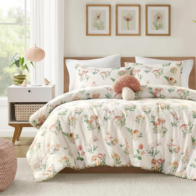 Intelligent Design Queen Comforter Set, Whimsical Floral & Mushroom Cottage Design, Microfiber Lightweight All Seasons Down Alternative Bedding, Sham & Décor Pillow, Gwen, Full/Queen Green 4 Piece