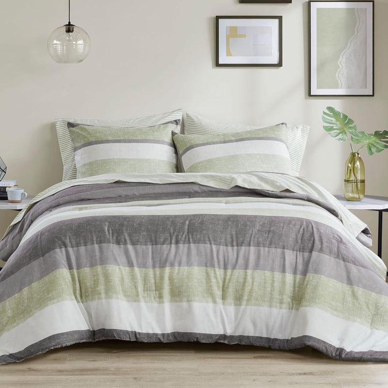 Madison Park Essentials King Comforter Set, Bed in A Bag Comforter & Sheet Set, Modern Casual Stripes Print, All Seasons, Soft Microfiber Bedding Makeover, Matching Shams, King Taupe/Grey 7 Piece