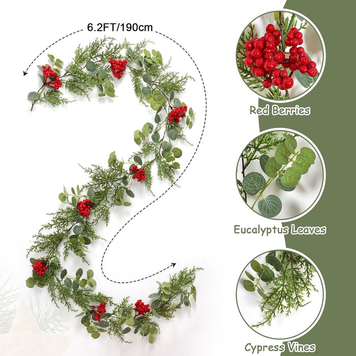 TOCHGREEN 2 Pack Artificial Christmas Garland Pine Cypress Greenery Hanging Garland with Red Berries Winter Pine Garland for Holiday Home Mantle Table Outdoor Indoor Christmas Decorations