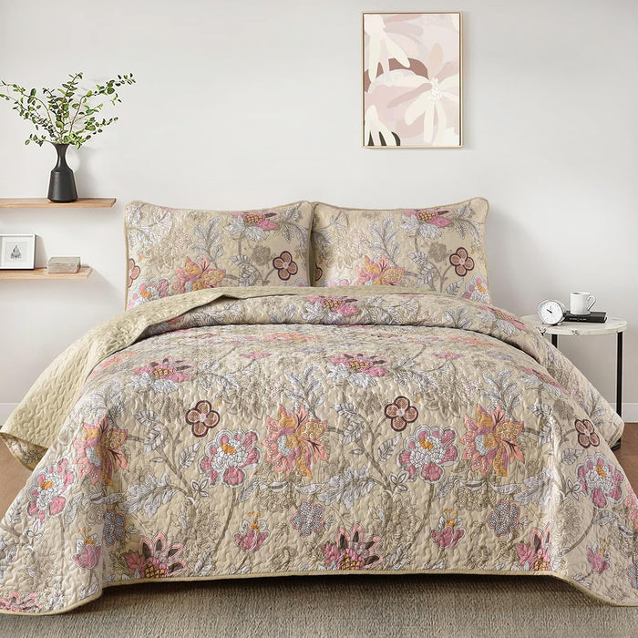 WONGS BEDDING Floral Quilt Set King Size, Grey Botanical King Bedspread Bedding Sets Soft Lightweight Microfiber Flower Gray Coverlet Set 3 Pieces for All Season (104"x90")