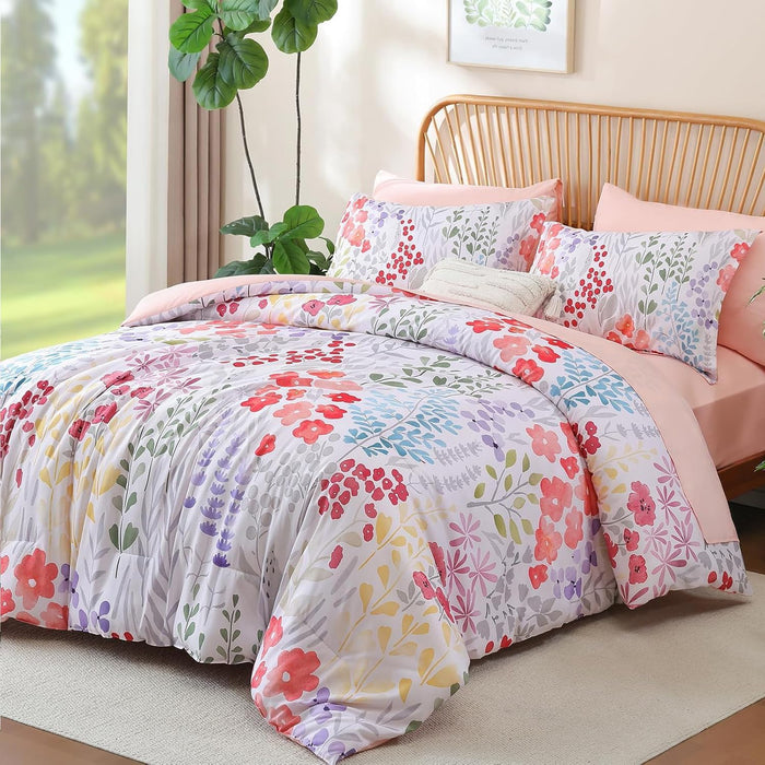 Xruibed Queen Comforter Set 7 Pieces, Blue Floral Bedding Set, Bed in a Bag Queen with Botanical Flowers Patterns, Soft Microfiber Complete Bedding Set with Sheets for All Season