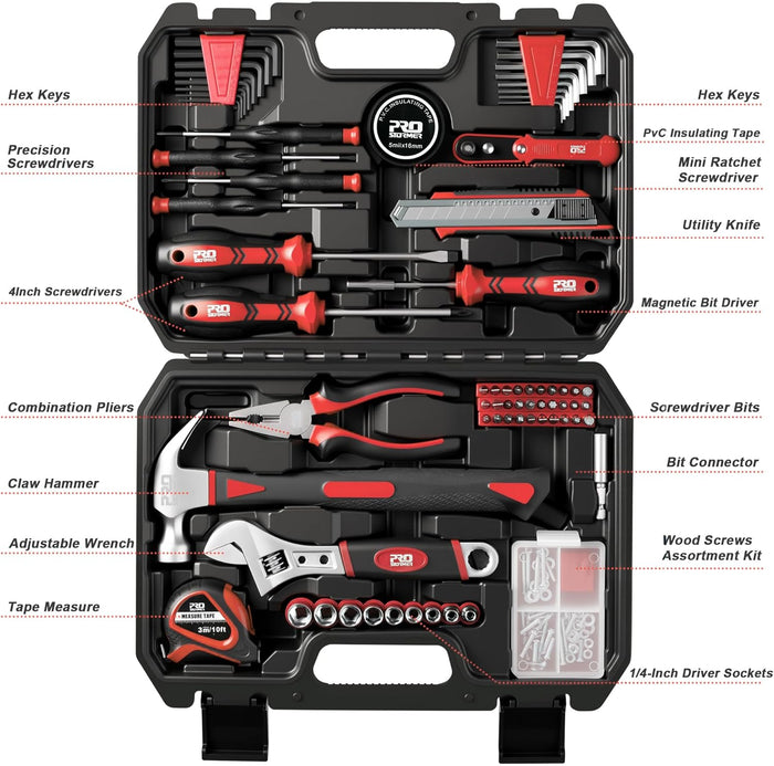 Prostormer 160-Piece Home Repair Tool Set, General Household Hand Tool Kit with Toolbox Storage Case for House, Garage, College Dorm and Office (Red)
