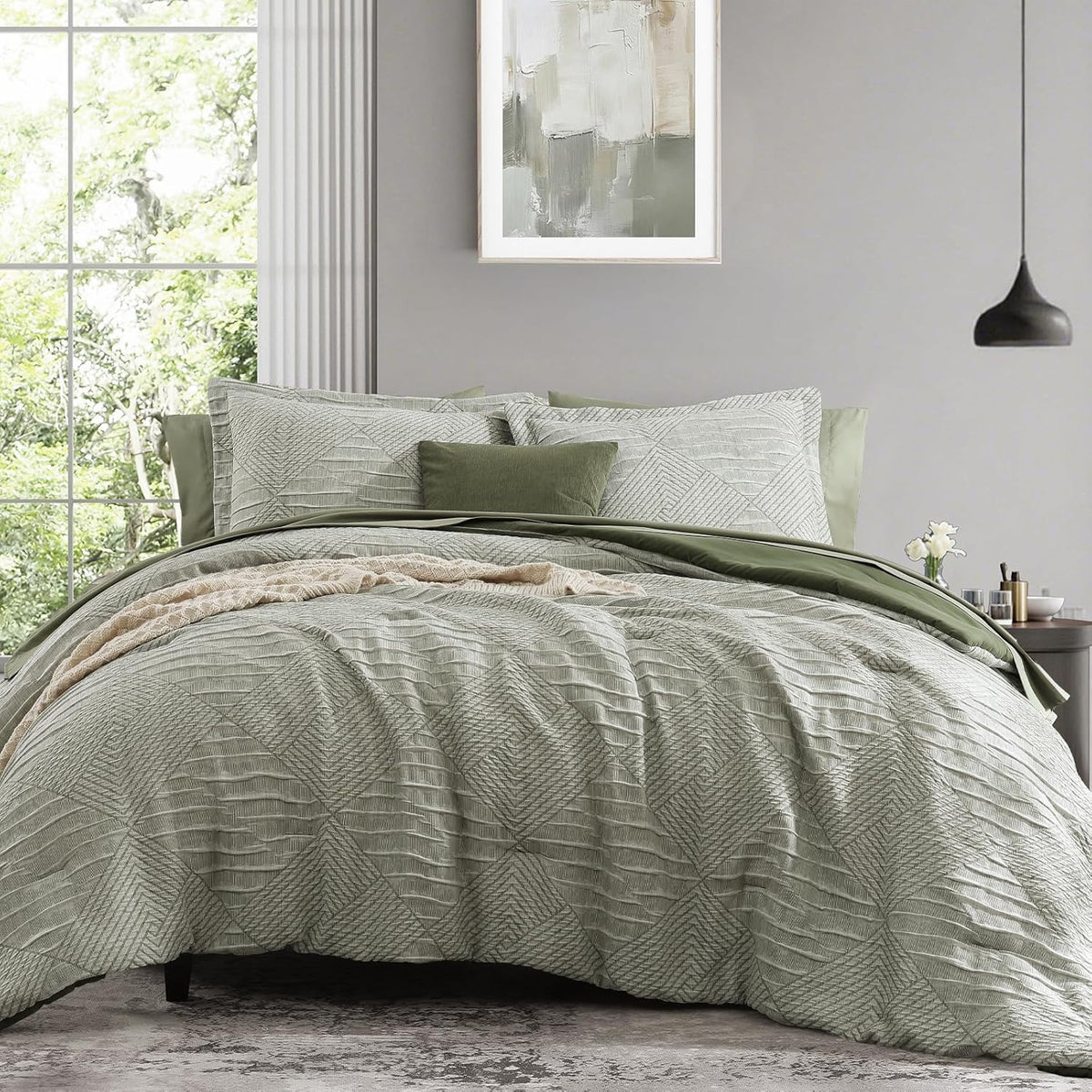 MaiRêve Charcoal Grey King Comforter Set, Textured Design Grey Crinkle Bed in A Bag King Size, 7 Pieces Bedding Set for Men Women with Comforter, Sheets, Pillowcases & Shams 102"x 90"
