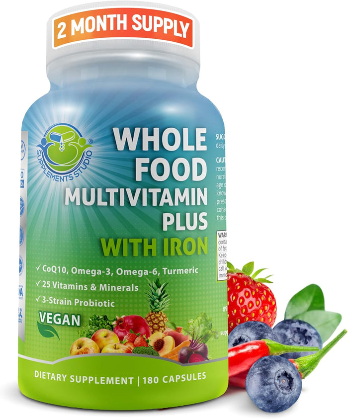 Vegan Whole Food Daily Multivitamin Without Iron, Methylated Multivitamin for Women and Men, Made with Fruits & Vegetables, B-Complex, Probiotics, Enzymes, CoQ10, Omegas, Turmeric, Non-GMO, 90 Count