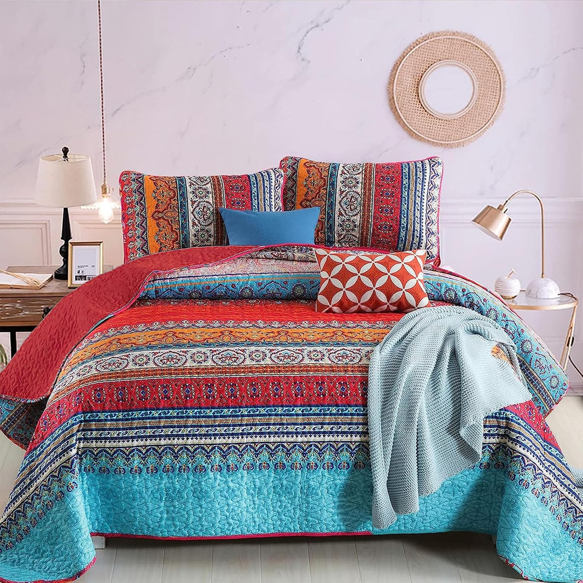 WONGS BEDDING Bohemian Quilt Set King Size, Boho Striped Printed Bedding Bedspread Coverlet Set for All Season, Lightweight Microfiber Quilts with 2 Pillowcases 104"x90" (3 Pieces, Colorful)