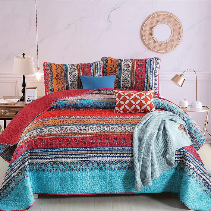 WONGS BEDDING Bohemian Quilt Set King Size, Boho Striped Printed Bedding Bedspread Coverlet Set for All Season, Lightweight Microfiber Quilts with 2 Pillowcases 104"x90" (3 Pieces, Colorful)