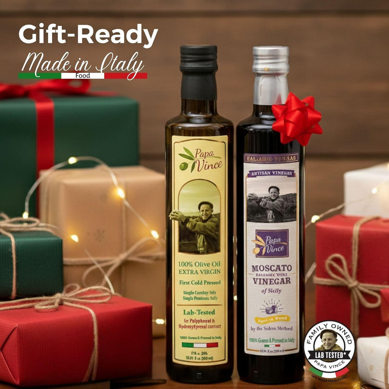 Papa Vince Extra Virgin Olive Oil & Balsamic Set - EVOO First Cold Pressed Dec 2023/24, Balsamic Vinager Aged 8-years in wood made by our family in Sicily, Italy - 16.91 oz each