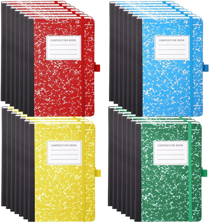 Laumoi 28 Pack PU Leather Lined Notebook Journal Bulk A5 Hardcover Notebook College Ruled 5.5 x 8.2 Inch Journal with Pen Holder for School Business Work Writing(Black,Simple)