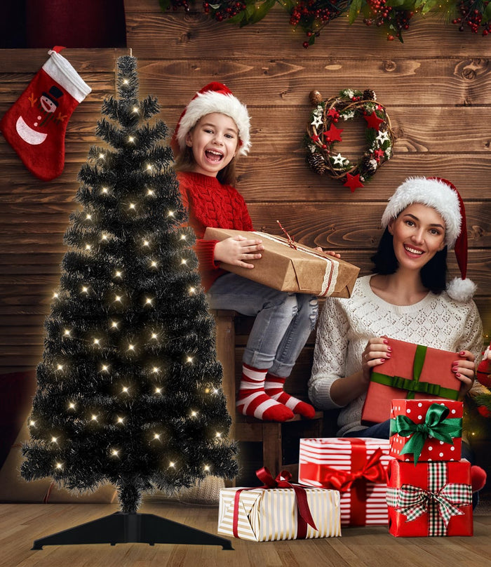 Pre-Lit Artificial Christmas Tree, Warm White Lights, Colorful Lights, Includes Stand, 4 feet (Black)