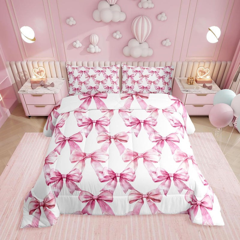 Erosebridal Ribbon Pink Bow Queen Comforter Set,Cute Pink Bows Bedding Set for Girls Teen Kids Bedroom Decor,Coquette Bowknot Bed Set Princess Bowtie Bedding Comforter Sets,2 Pillowcases