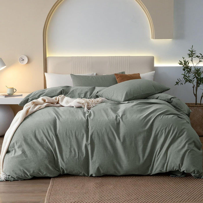 JIYUAN 100% Washed Cotton Duvet Cover Set 3 Pieces Queen, 1 Duvet Cover 90x90 Inches(Comforter Not Included) and 2 Pillowcases,Linen Feel Bedding Set Comfy and Breathable, Heathered Green