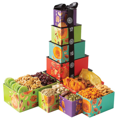 Oh! Nuts 5 Tier Gift Tower - 12 Assorted Dried Fruits and Nuts Gift Basket - Gourmet Healthy Snack Boxes for Holiday, Birthday, Thank You, Corporate Gifting, Parties & Family Celebrations