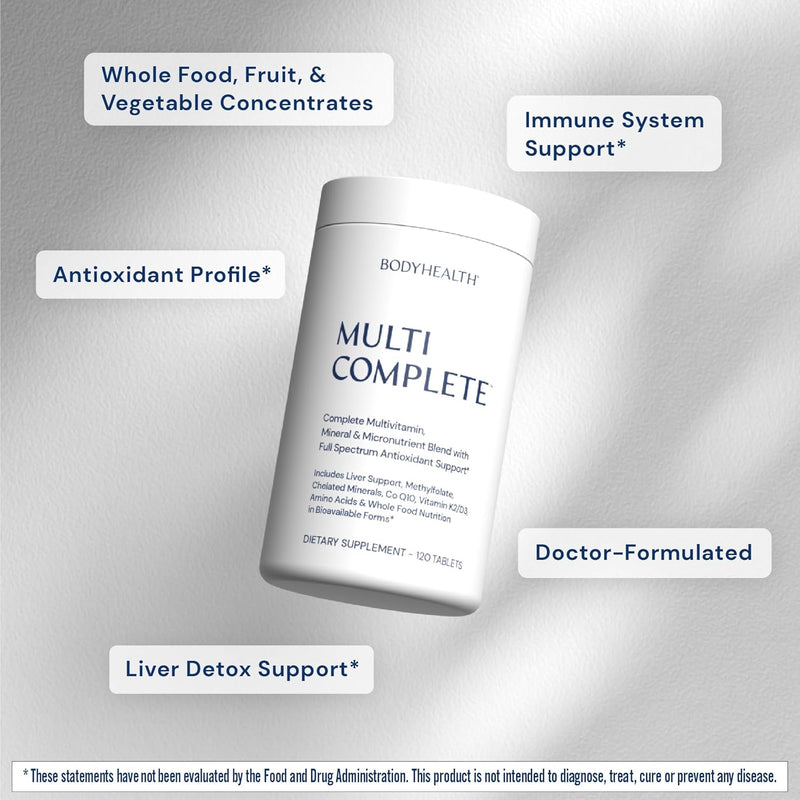BodyHealth Multi Complete (120 Ct) Daily Multivitamin for Men and Women with Whole Foods, Minerals, Antioxidants, Organic Green Food Concentrates, and Liver Detox Extracts, Vegan and Non GMO