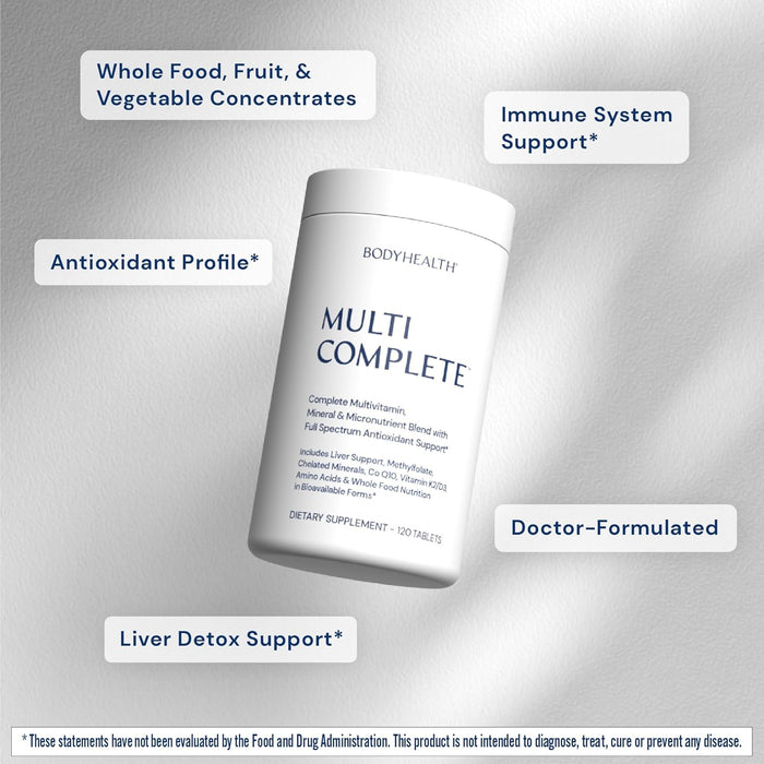 BodyHealth Multi Complete (120 Ct) Daily Multivitamin for Men and Women with Whole Foods, Minerals, Antioxidants, Organic Green Food Concentrates, and Liver Detox Extracts, Vegan and Non GMO