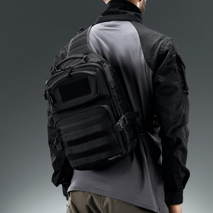 Military Tactical Crossbody Sling Bag One Strap Backpack 15L Black | Fit 12 Inch Laptop, Molle, Travel, Hiking, Daily Use