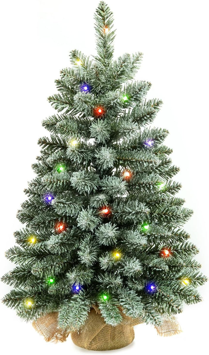 24" Mini Christmas Trees with Flocked Pine Needles, Pine Cones, Berries Decoration, 2 Ft Decorated Burlap Trees with 25 Led Lights, Kitchen Tabletop Artificial Pre Lit Christmas Tree