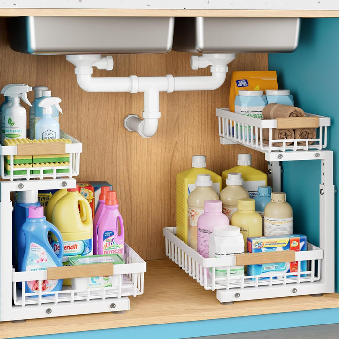 Under Sink Organizers and Storage,2 Packs 2 Tier Sliding Pull Out Cabinet Storage Shelf, Metal Drawer for Kitchen Bathroom Cabinet, Under Sink Organizer Organization Rack, Rust-Resistant Black
