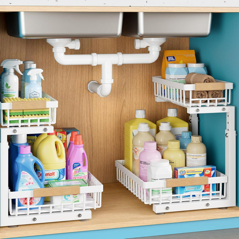 Under Sink Organizers and Storage,2 Packs 2 Tier Sliding Pull Out Cabinet Storage Shelf, Metal Drawer for Kitchen Bathroom Cabinet, Under Sink Organizer Organization Rack, Rust-Resistant Black
