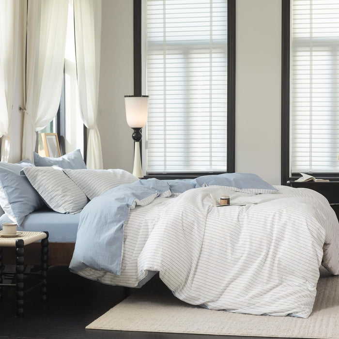 Stripe Duvet Cover Super King Plus Size 120inch x 120inch, 100% Washed Cotton Linen Feel Duvet Cover with Zipper Closure and 2 Pillowcases, Color of White-Dark Grey Stripe