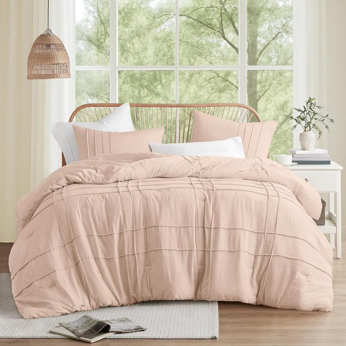 Comfort Spaces Cream Queen Size Comforter Set - 3 Pieces Pintuck Pleated Bedding Sets, All Season Lightweight, Extra Softness Pre-Washed Microfiber Queen Bed Set, Shams